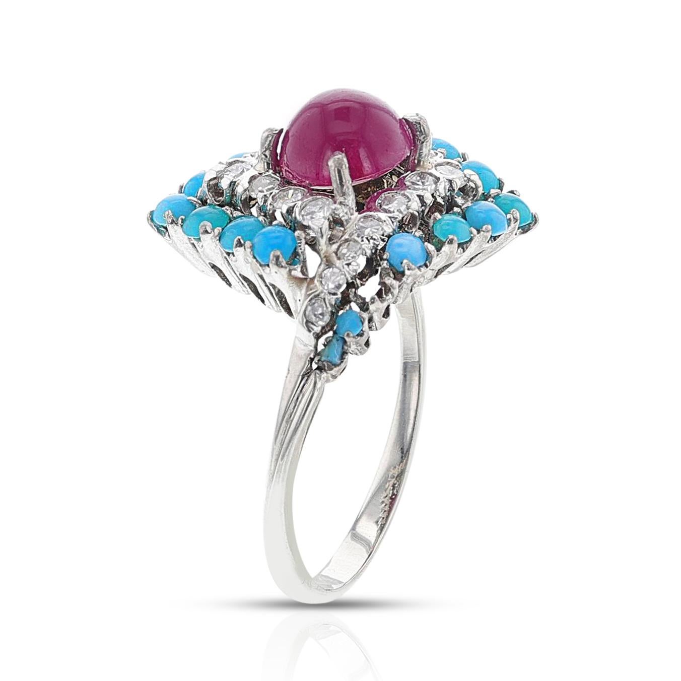 Rubin- und Türkis-Cabochon-Ring mit Diamanten, 18k im Zustand „Hervorragend“ im Angebot in New York, NY