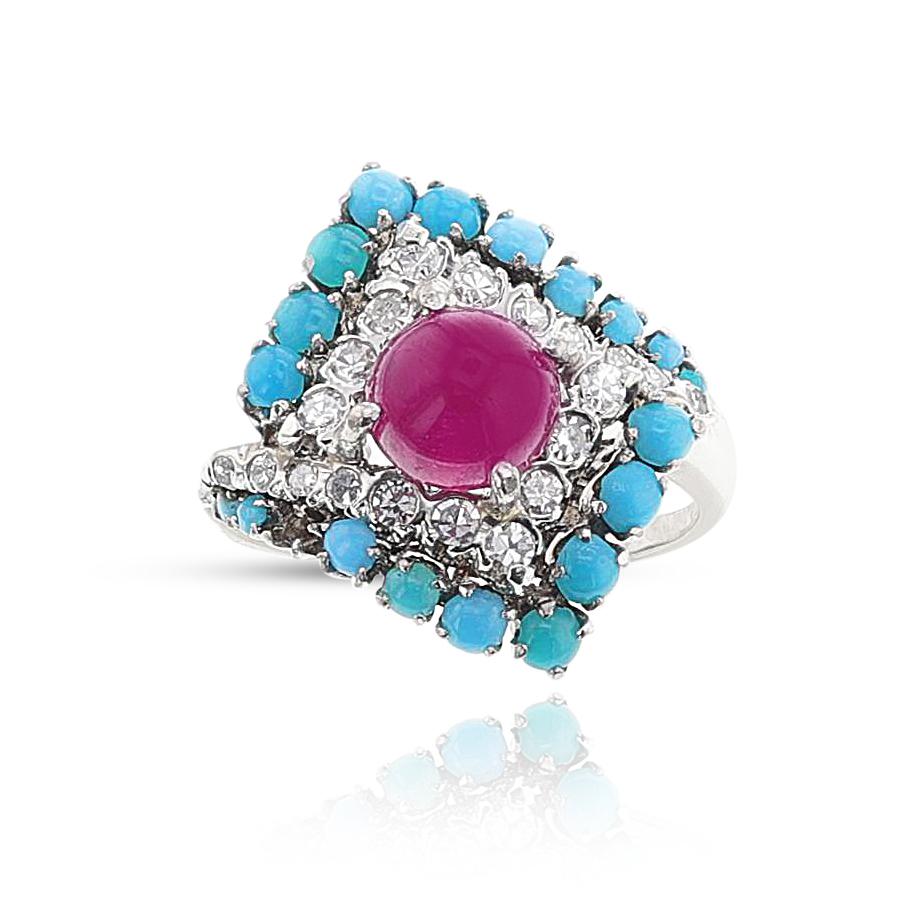Rubin- und Türkis-Cabochon-Ring mit Diamanten, 18k für Damen oder Herren im Angebot