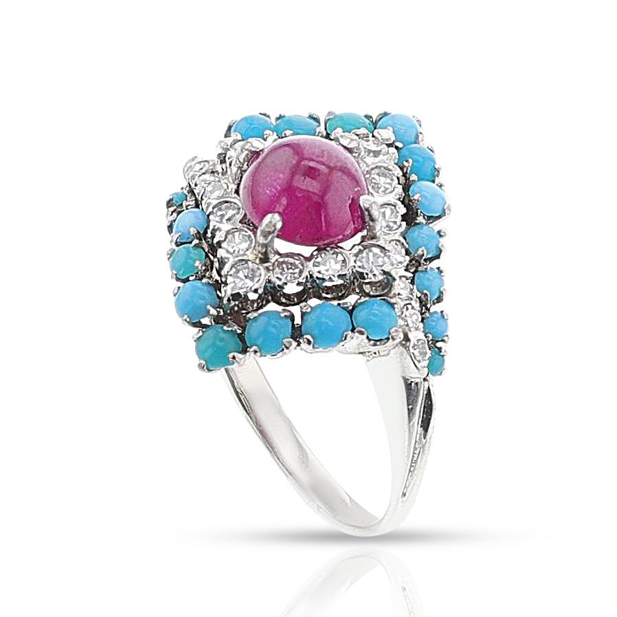 Rubin- und Türkis-Cabochon-Ring mit Diamanten, 18k im Angebot 1