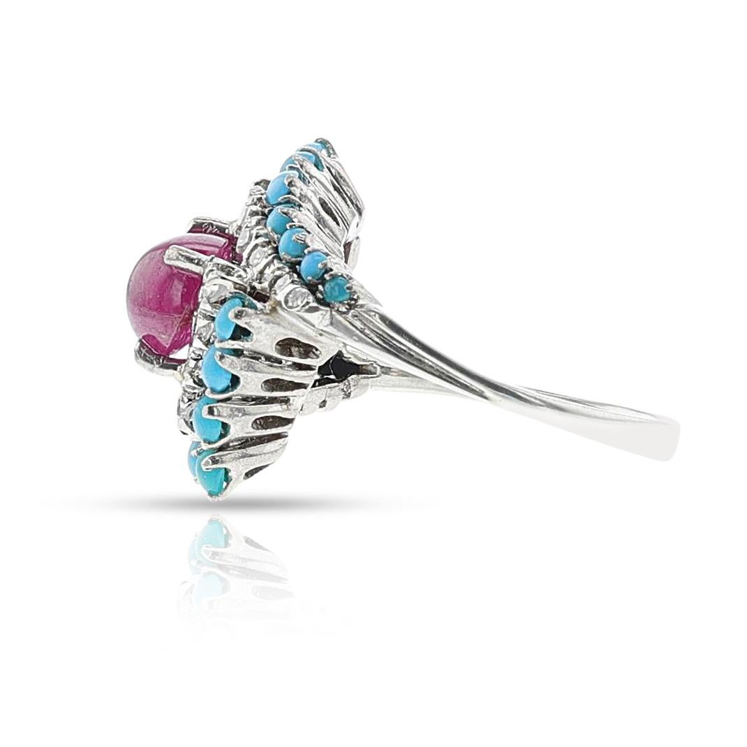Rubin- und Türkis-Cabochon-Ring mit Diamanten, 18k im Angebot 2