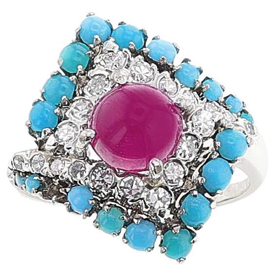 Ruby and Turquoise Cabochon Ring with Diamonds, 18k