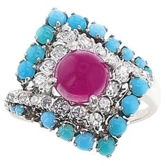 Anillo de cabujón de rubí y turquesa con diamantes, 18k