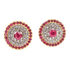 Ruby and White Diamond 18 Karat Yellow and White Gold Bowl Shaped Stud Earrings