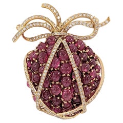 Ruby and White Diamond Brooch in 18K Yellow Gold