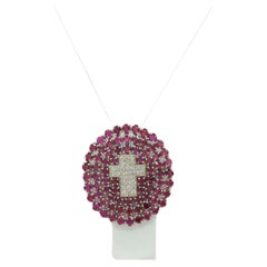 Ruby and White Diamond Cross Brooch Pendant in Platinum