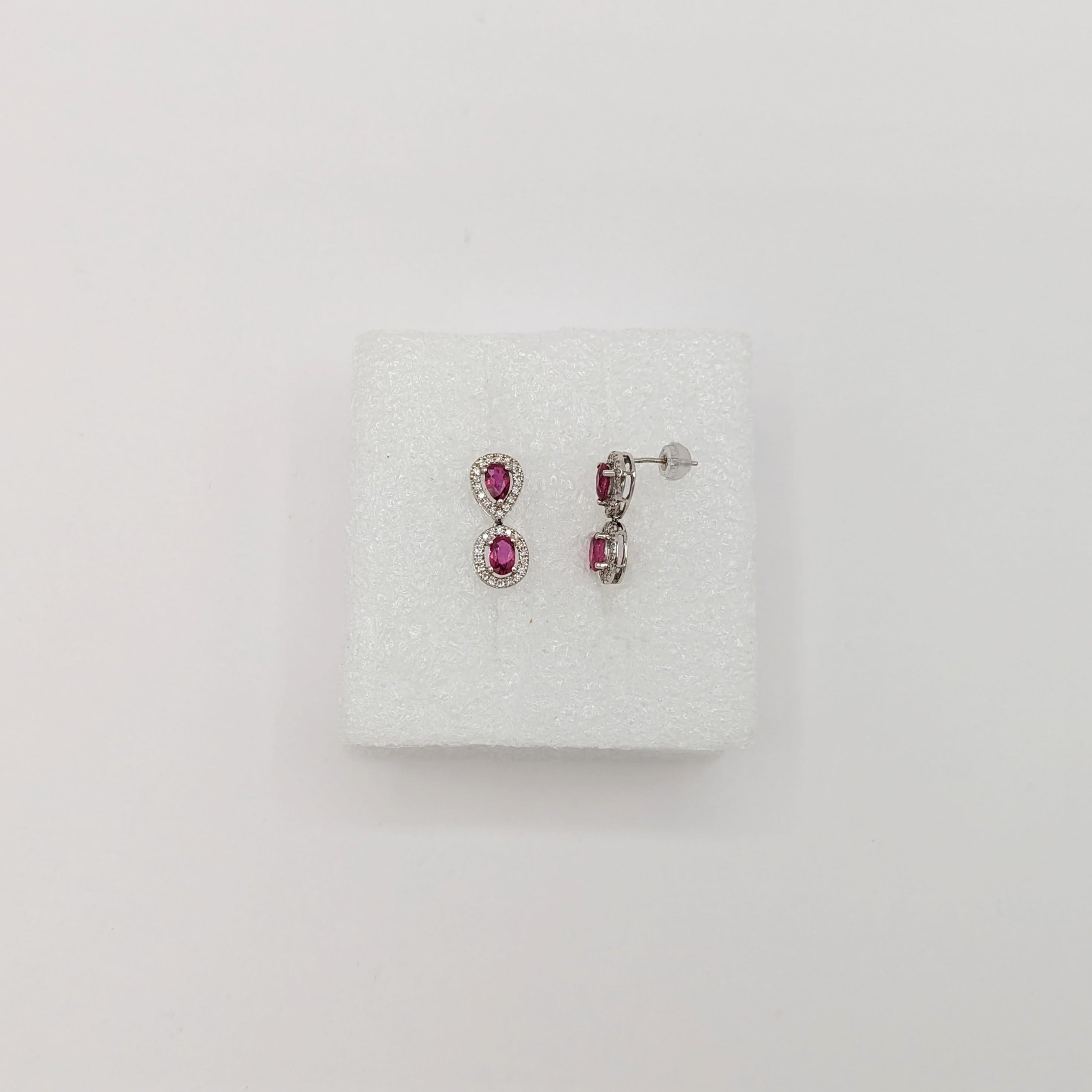 Ruby and White Diamond Drop Earrings in 18K White Gold In New Condition For Sale In Los Angeles, CA
