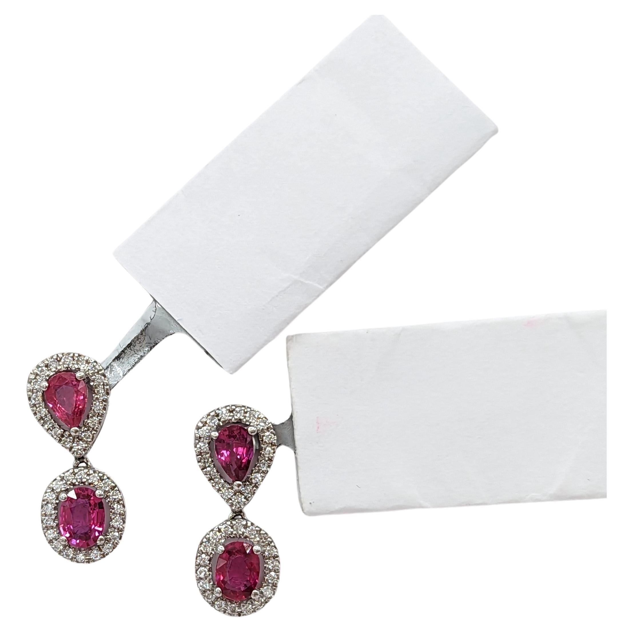 Ruby and White Diamond Drop Earrings in 18K White Gold For Sale