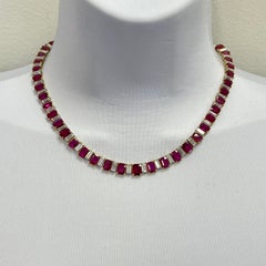 Ruby and White Diamond Emerald Cut Necklace in 18K Yellow Gold