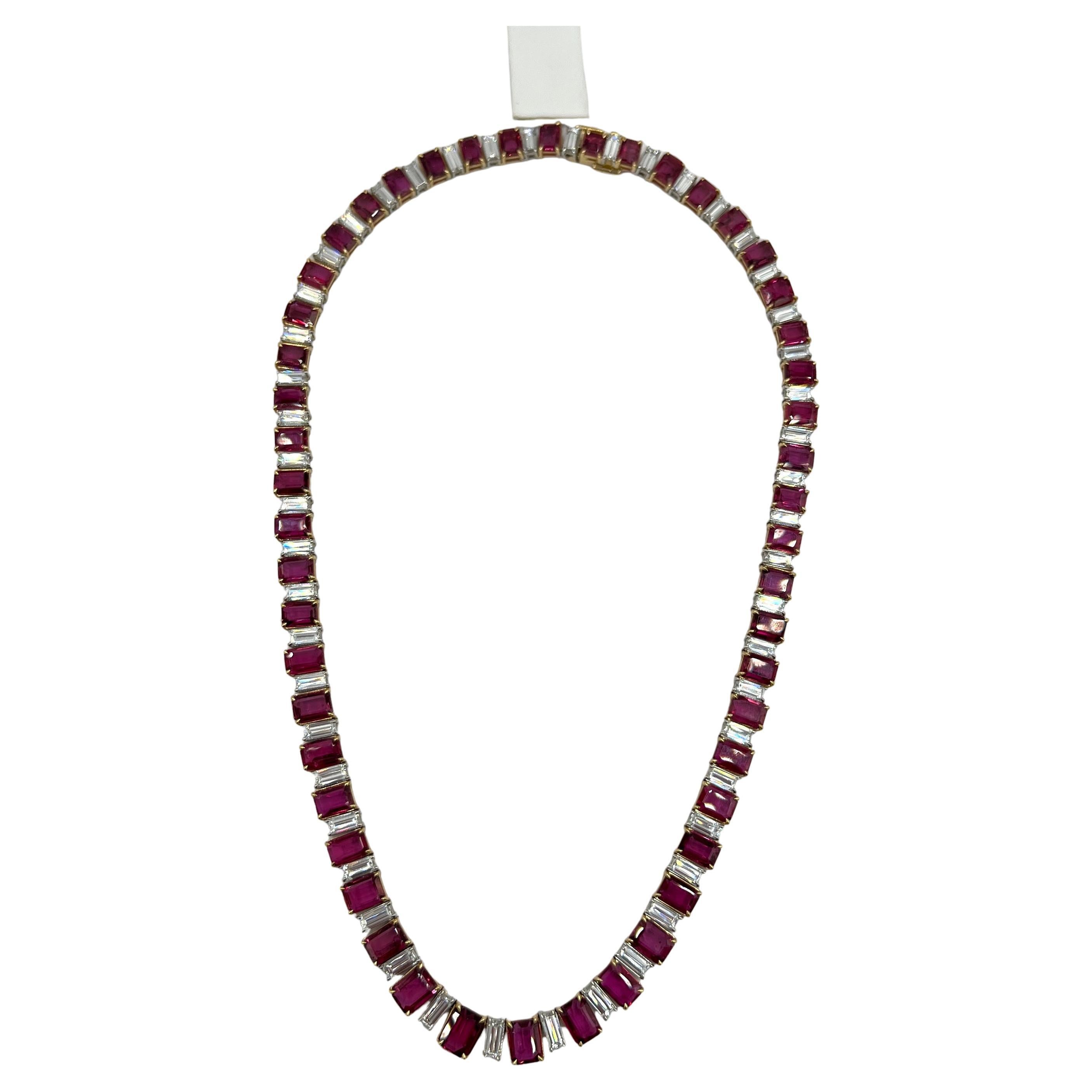 Ruby and White Diamond Emerald Cut Necklace in 18K Yellow Gold