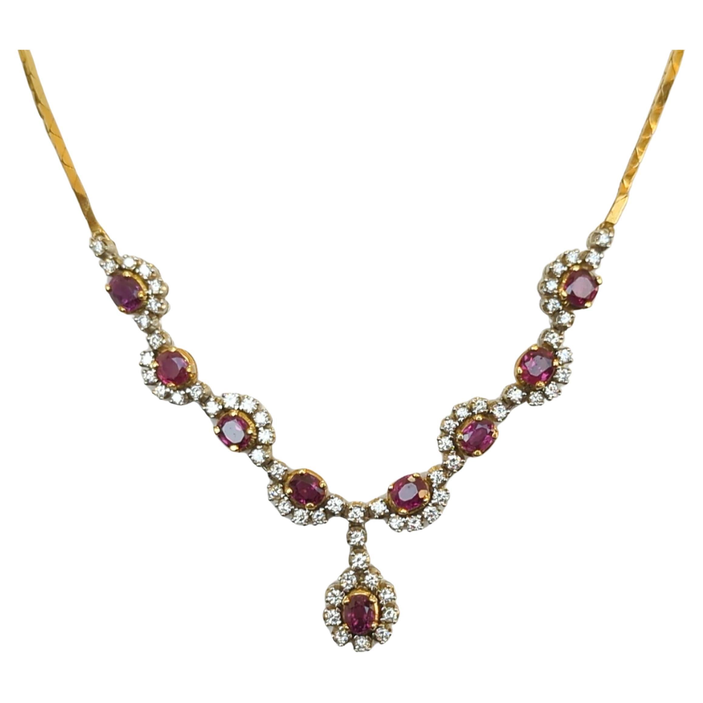 Ruby and White Diamond Necklace in 2 Tone 18K Gold For Sale