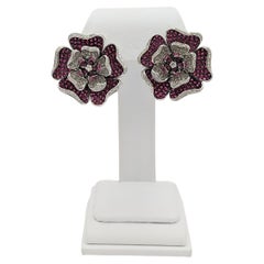 Ruby and White Diamond Pave Floral Earrings in 18K White Gold