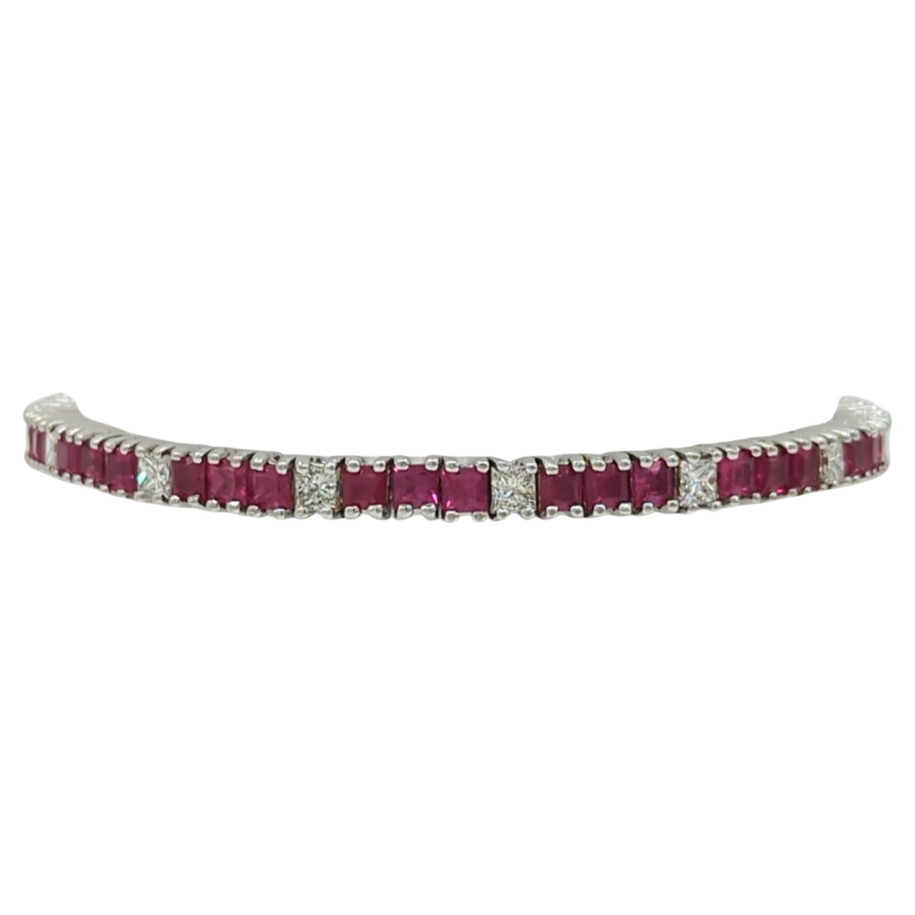 Ruby and White Diamond Princess Cut Tennis Bracelet in 14K White Gold For Sale