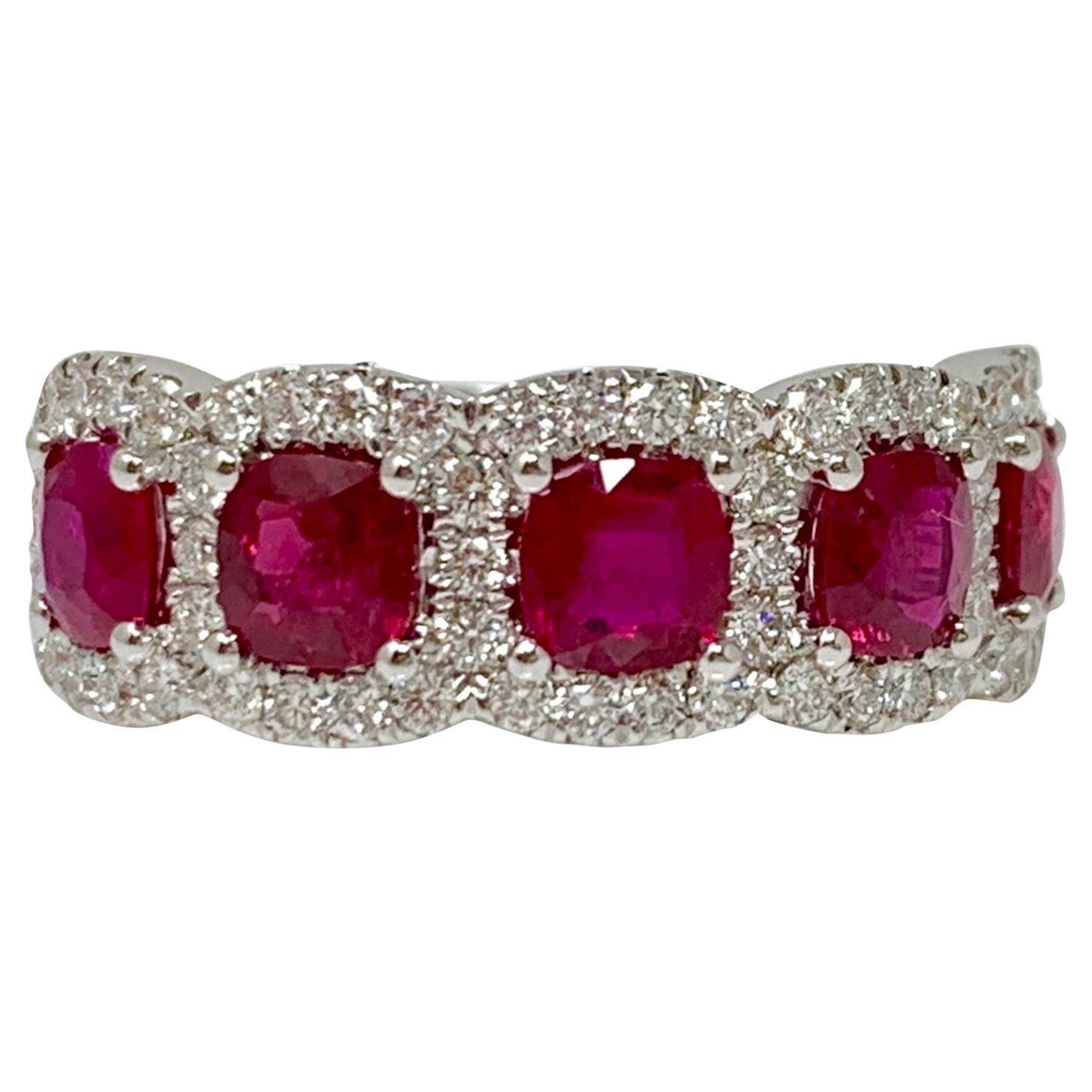 Ruby and White Diamond Wedding Band in 18 Karat White Gold For Sale