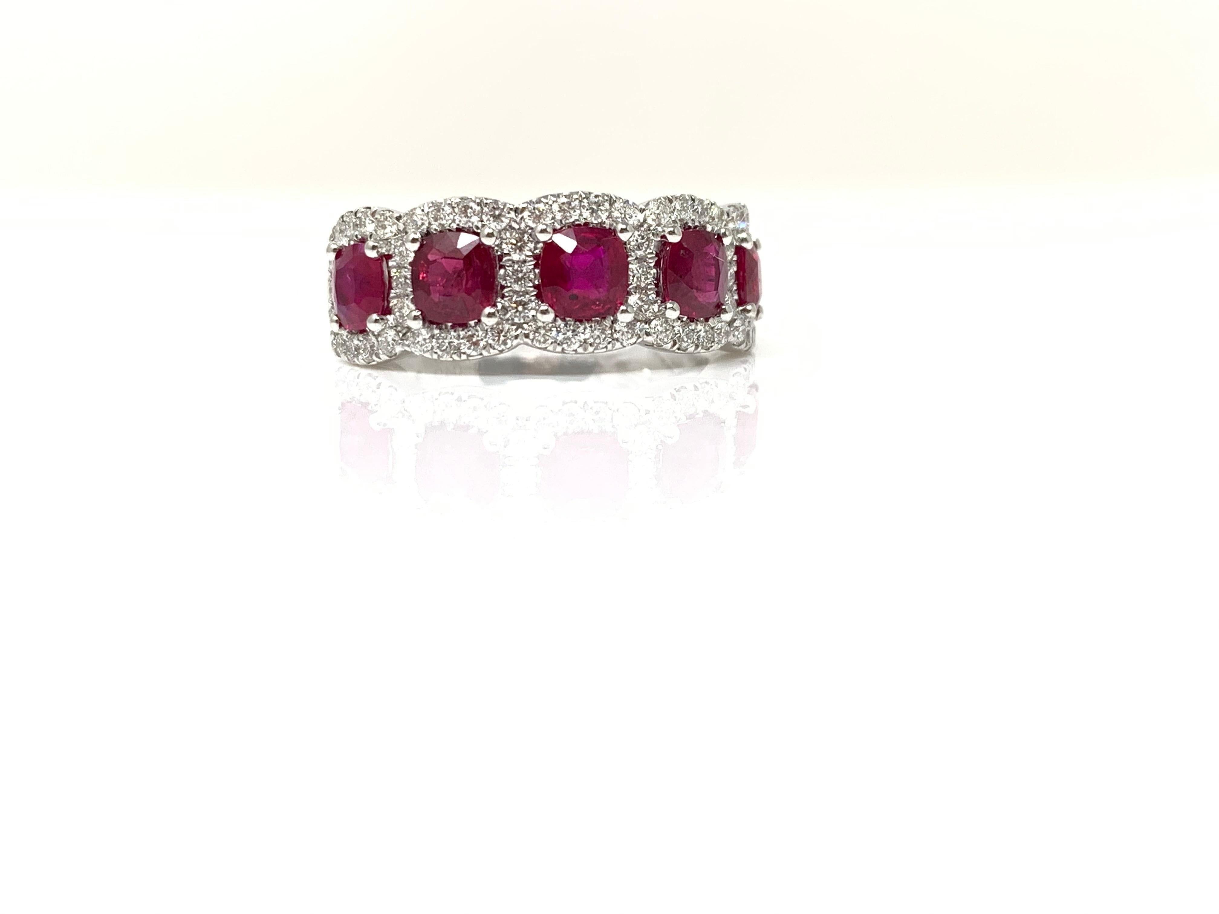 Contemporary Ruby and White Diamond Wedding Band in 18 Karat White Gold For Sale
