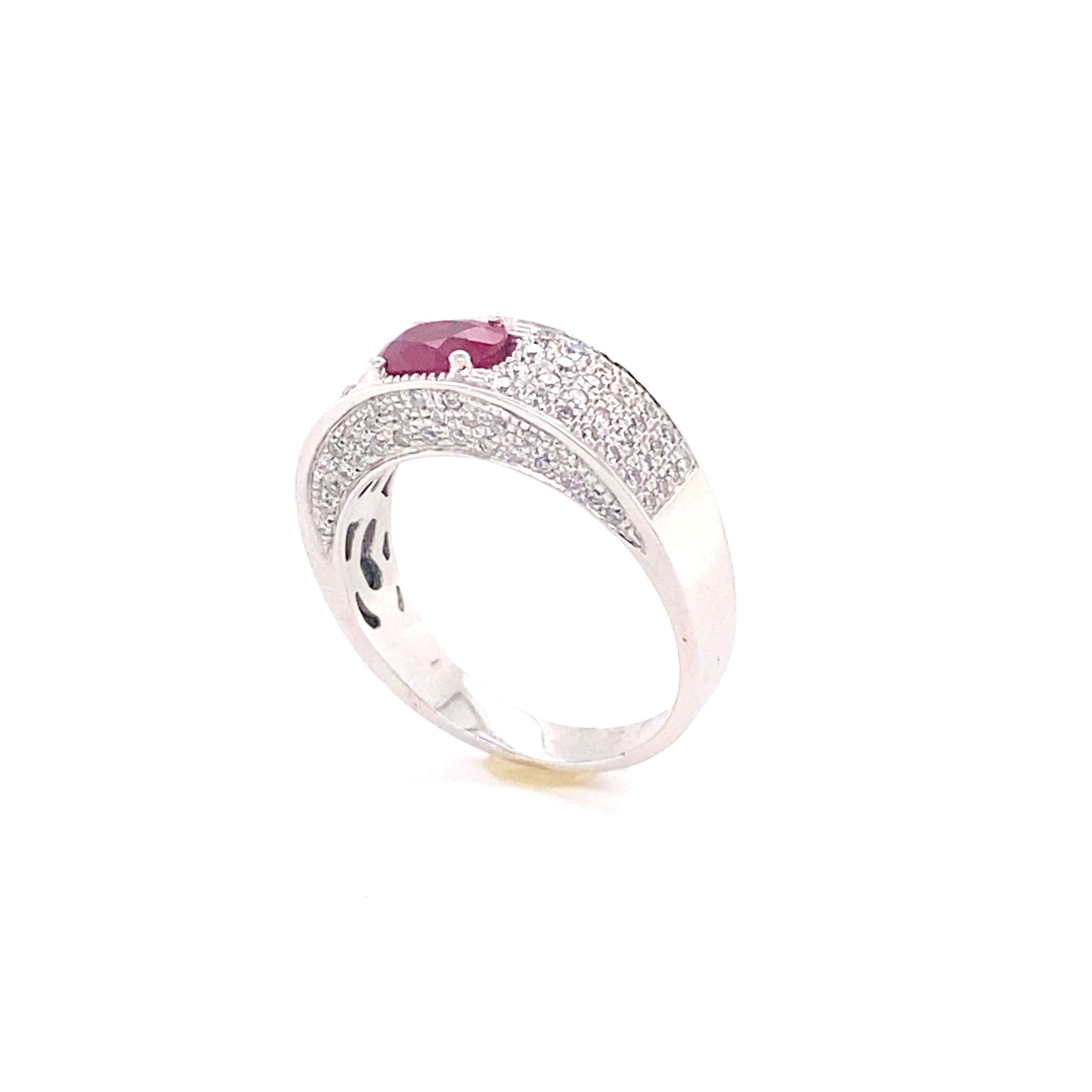 Discover this Ruby and White Diamonds on White Gold Cocktail Ring.
Oval Ruby 1.00 Carat
104 Brilliant White Diamonds Color H Purity SI 0.77 Carat
White Gold 18 Carat
French Size 58 
US Size 8 1/8