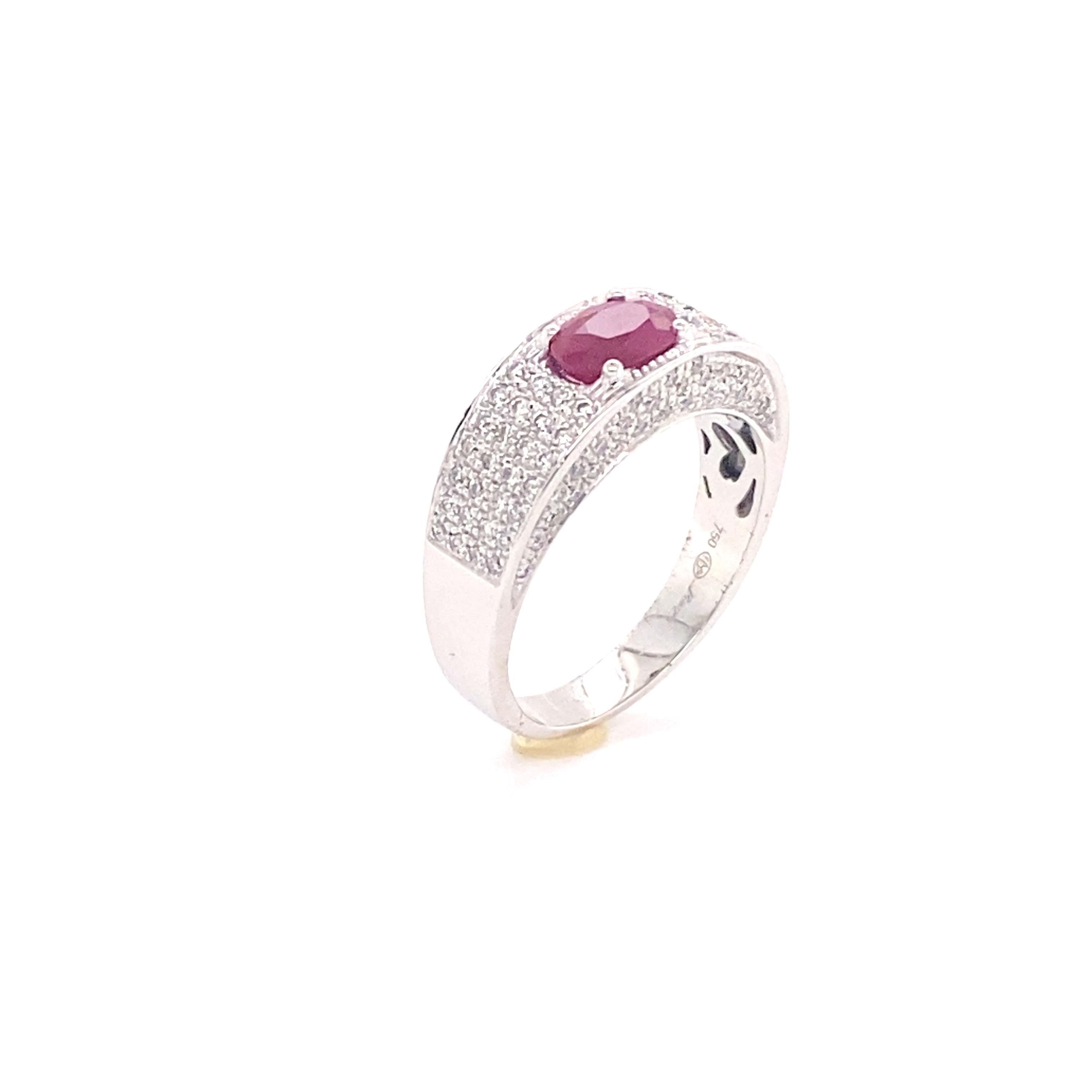 Brilliant Cut Ruby and White Diamonds on White Gold 18 Carat Cocktail Ring