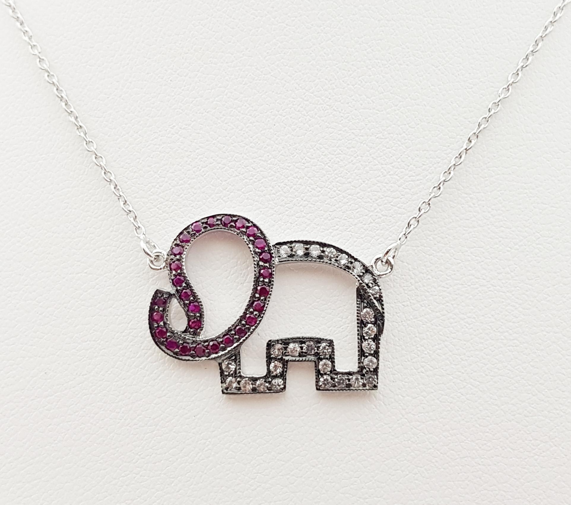 Contemporary Ruby and White Sapphire Elephant Necklace set in Silver Settings For Sale