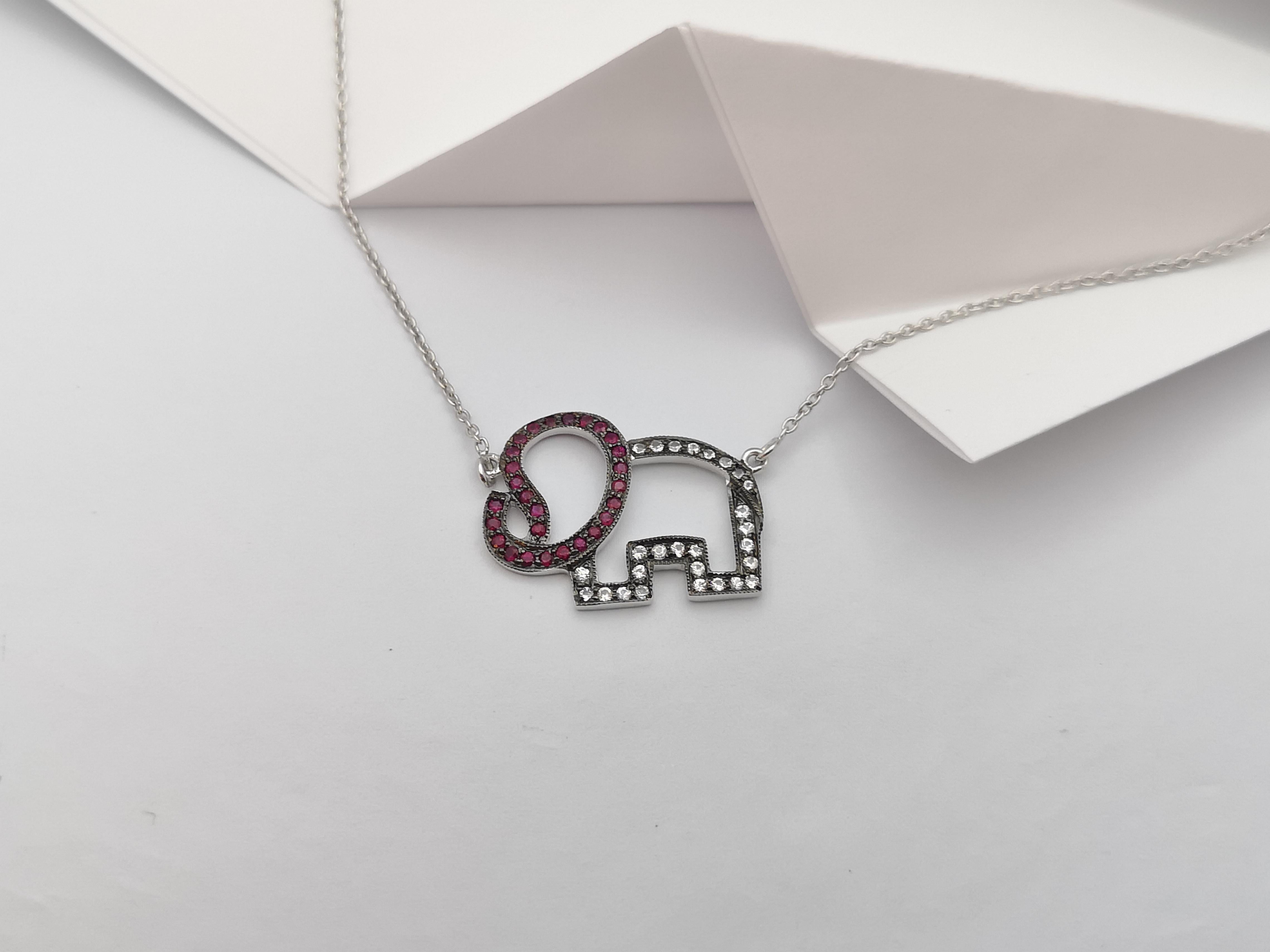 Brilliant Cut Ruby and White Sapphire Elephant Necklace set in Silver Settings For Sale
