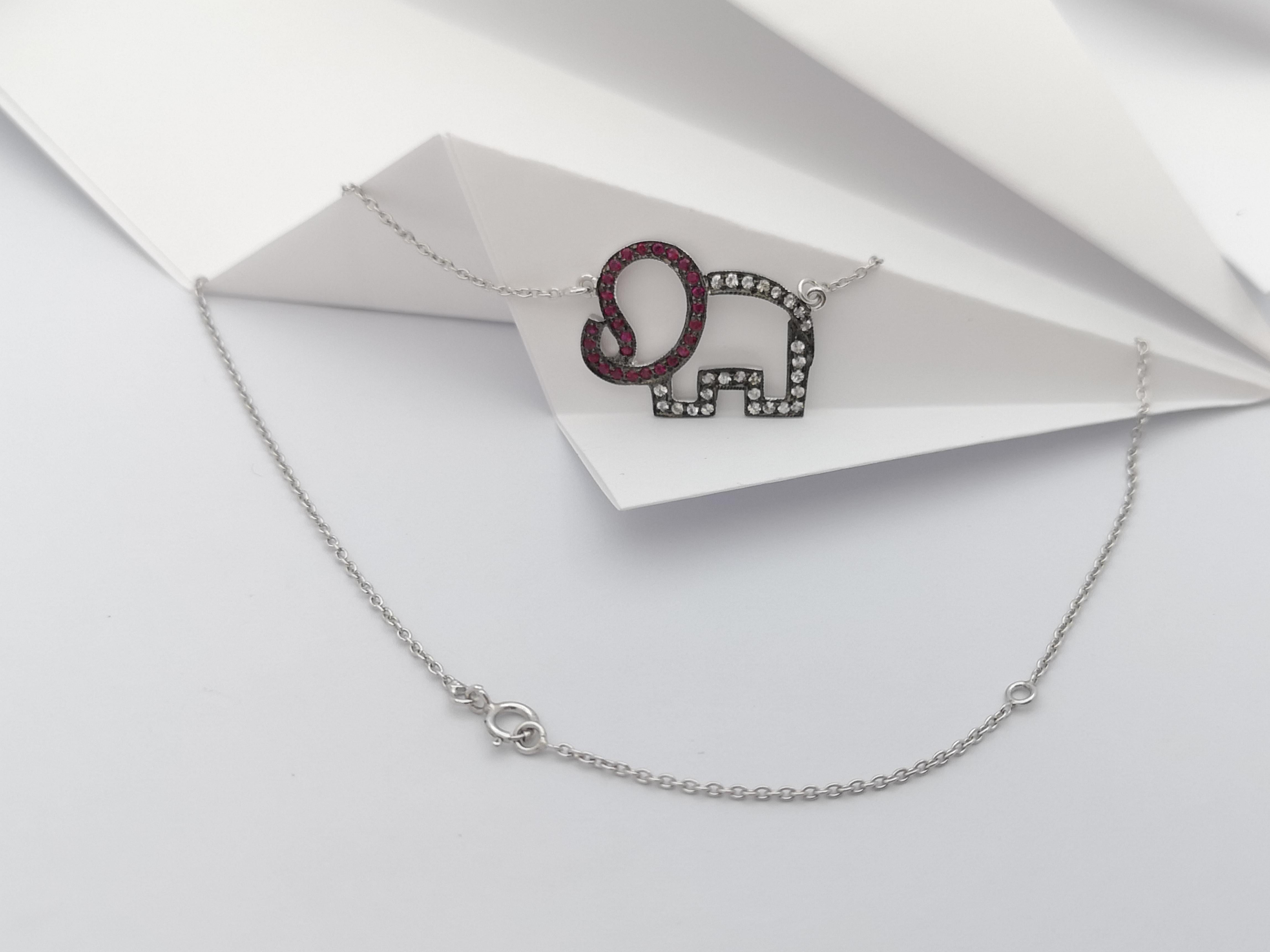 Women's Ruby and White Sapphire Elephant Necklace set in Silver Settings For Sale