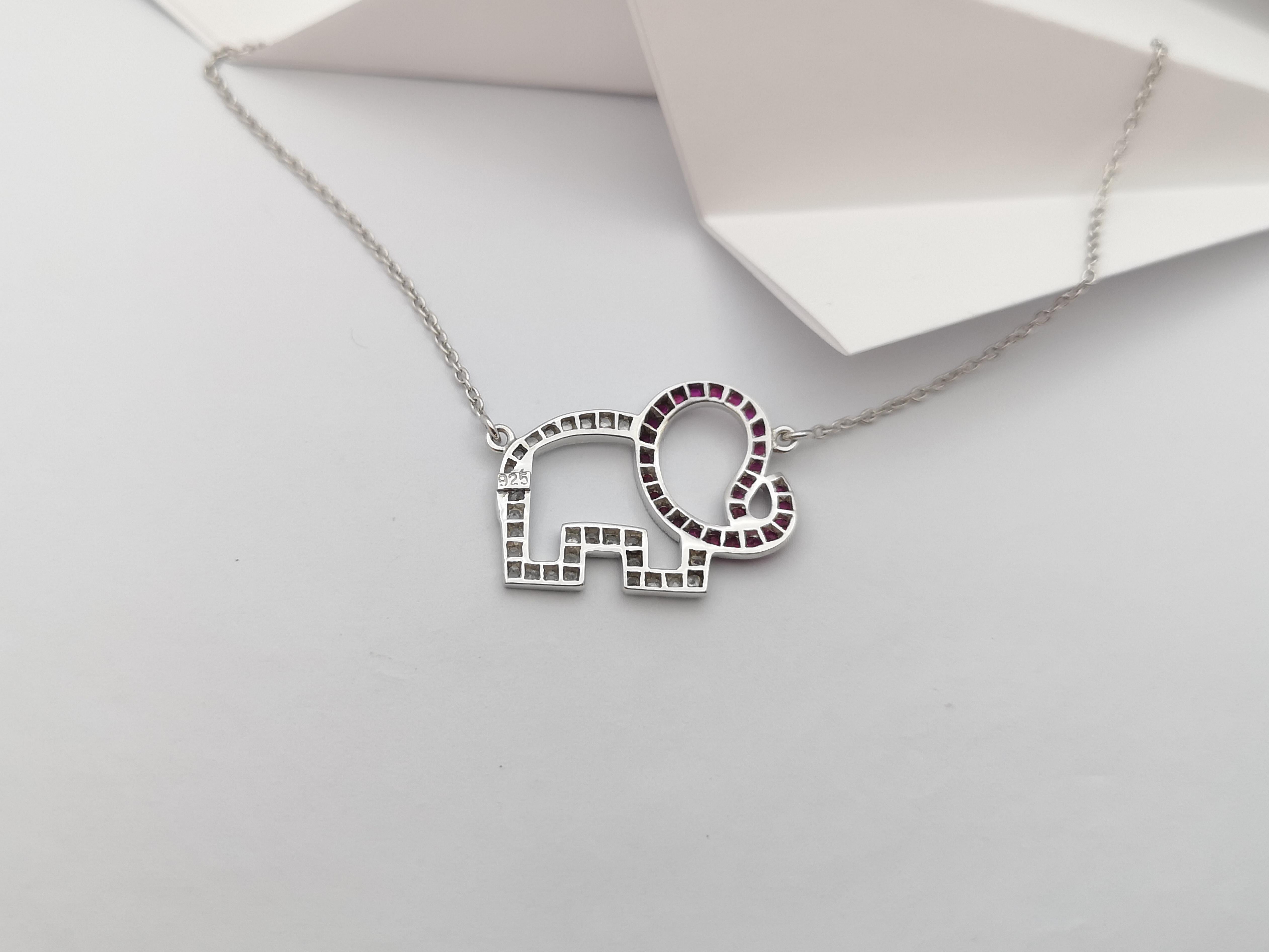 Ruby and White Sapphire Elephant Necklace set in Silver Settings For Sale 1