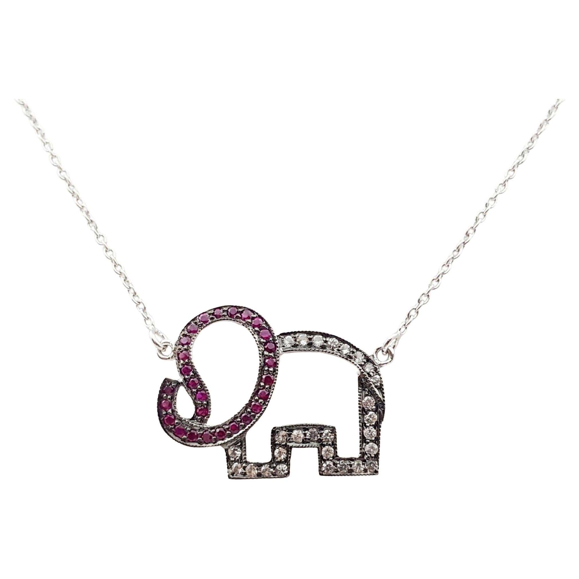 Ruby and White Sapphire Elephant Necklace set in Silver Settings For Sale