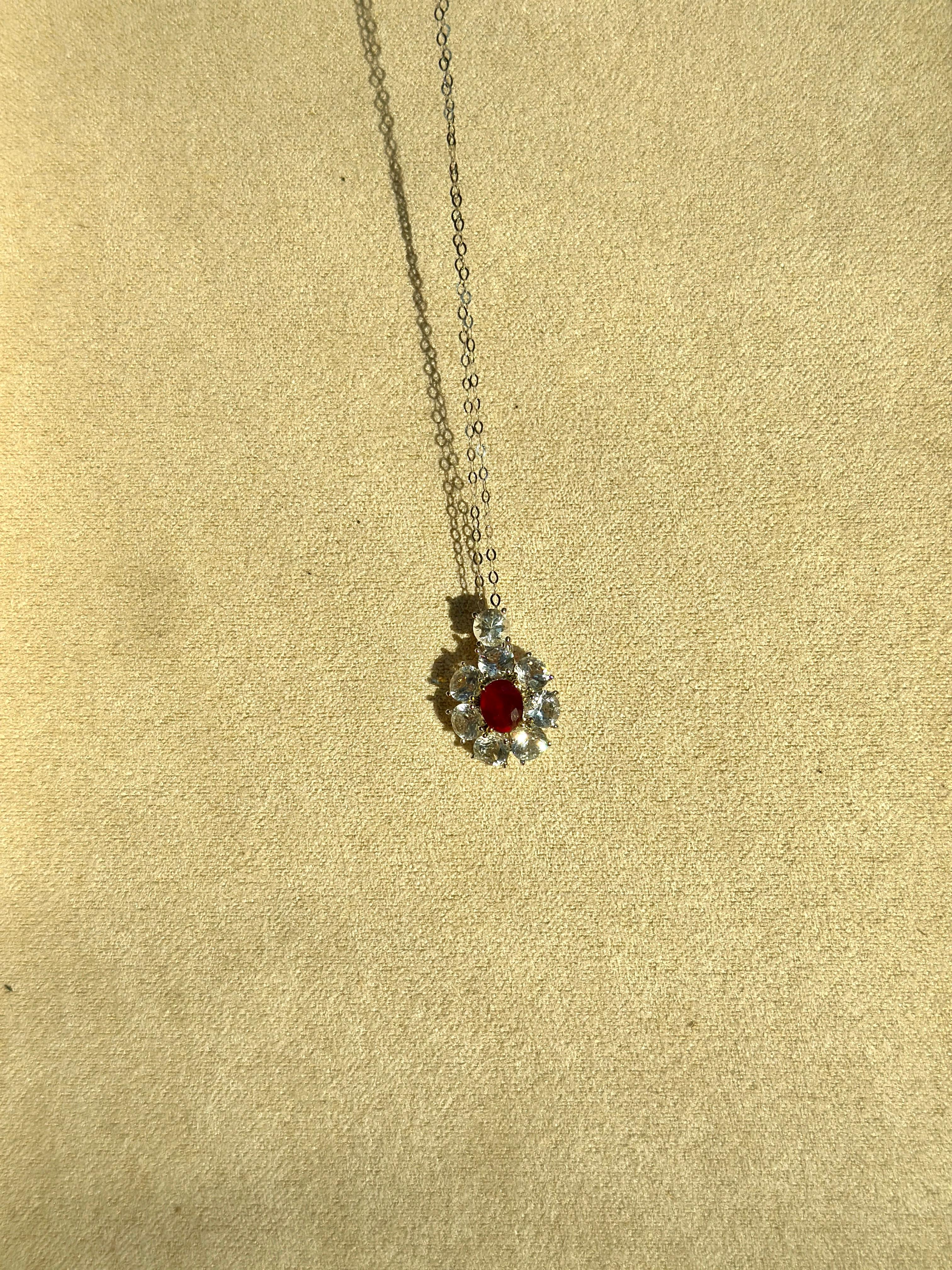 Classical Roman Ruby and White Sapphire Pendant Necklace 18k Gold with Adjustable Chain