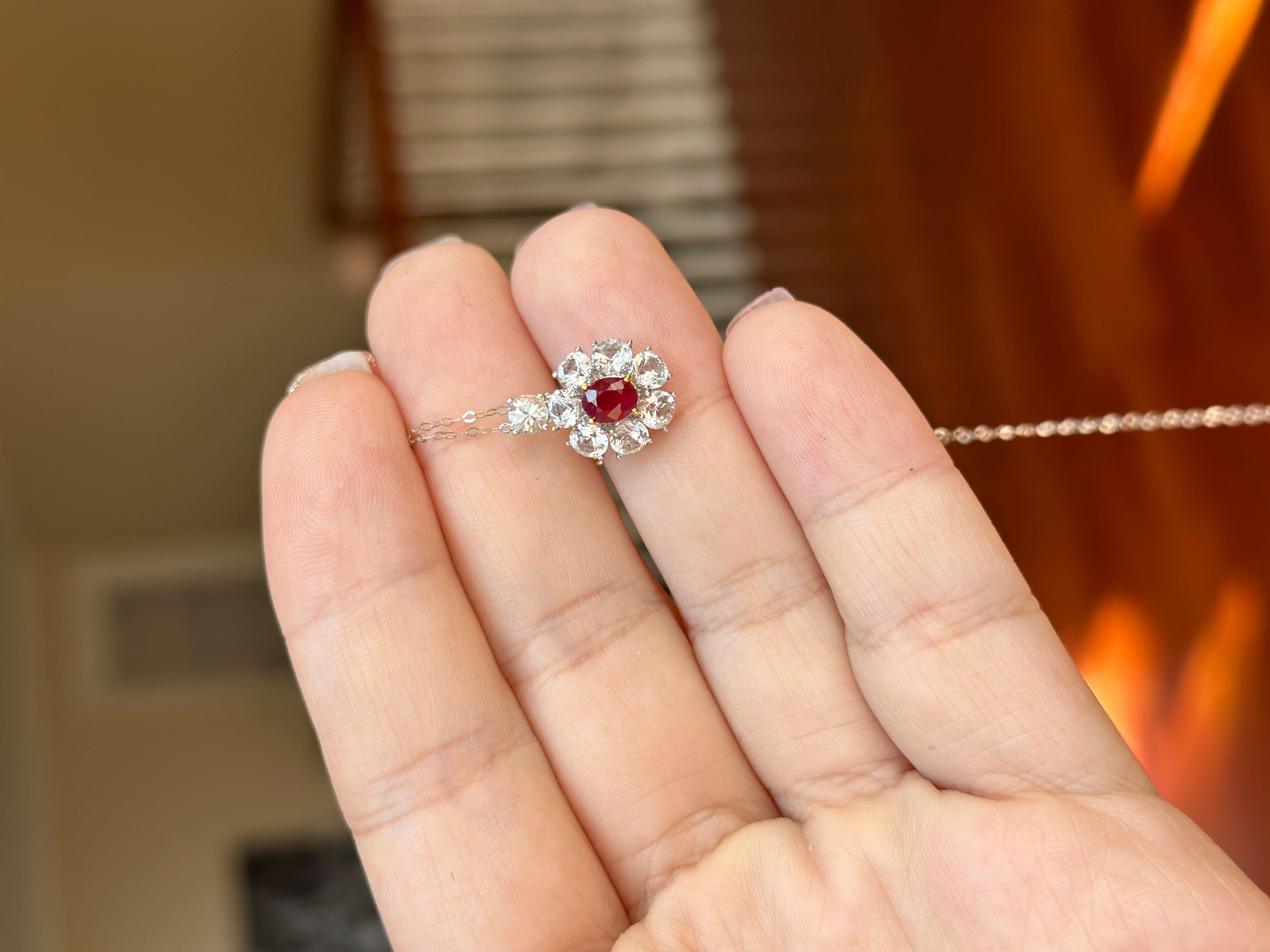 Ruby and White Sapphire Pendant Necklace 18k Gold with Adjustable Chain In New Condition In Roslyn Heights, NY