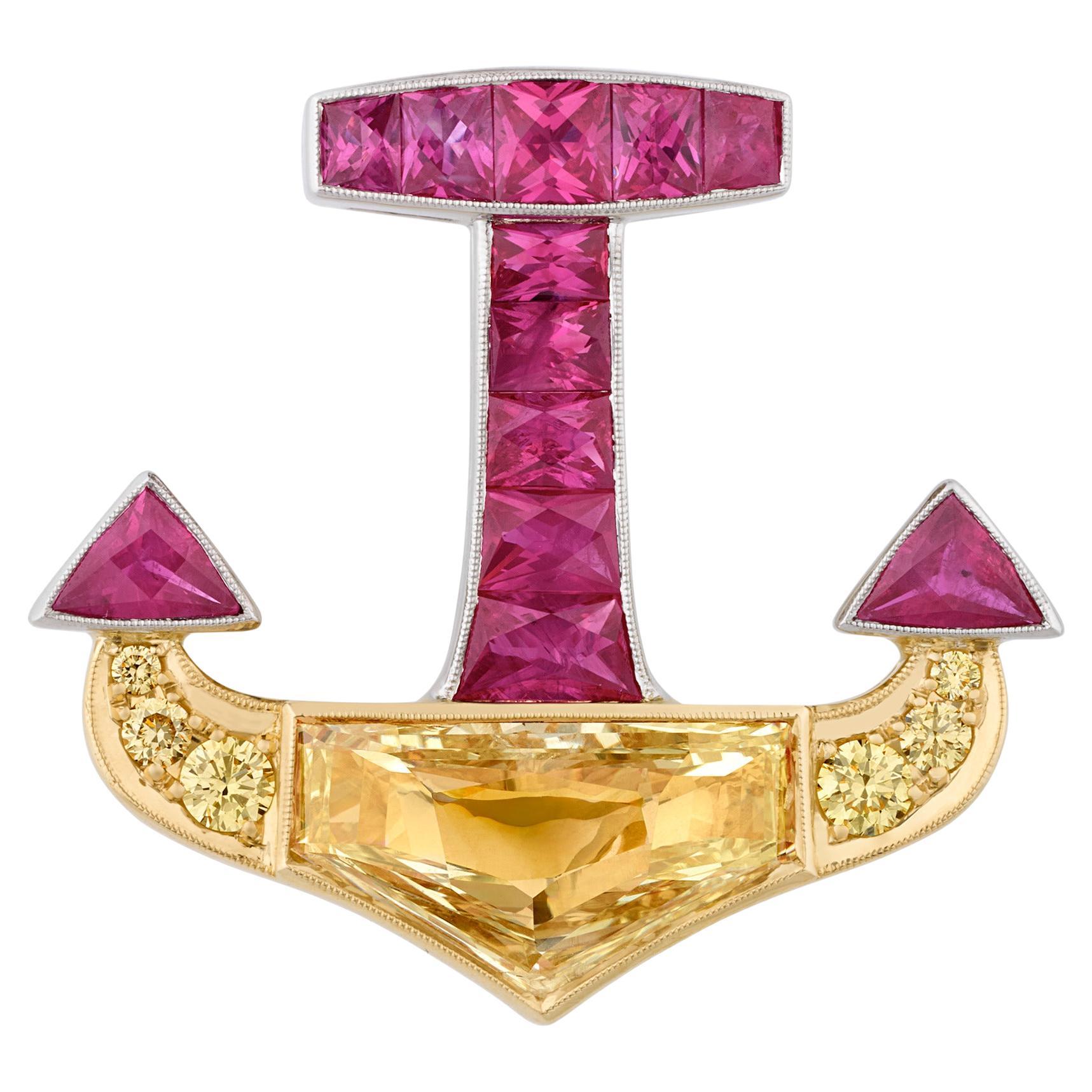 Ruby and Yellow Diamond Anchor Brooch
