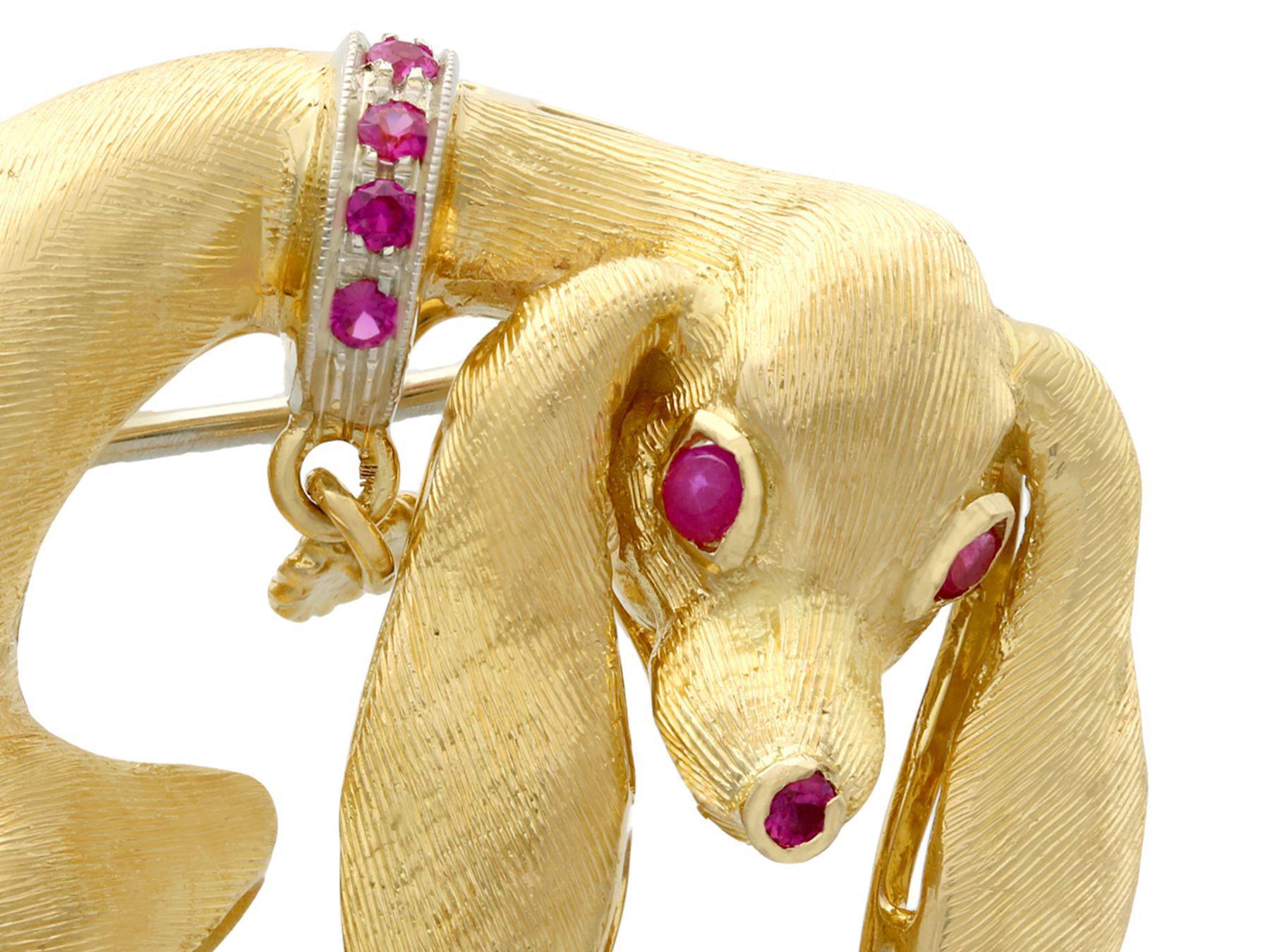 A stunning 0.30 carat ruby and 18 karat yellow gold, 18 karat white gold set Dachshund dog brooch; part of our diverse vintage jewellery collections.

This stunning, fine and impressive vintage gold and ruby dog brooch has been crafted in 18k yellow