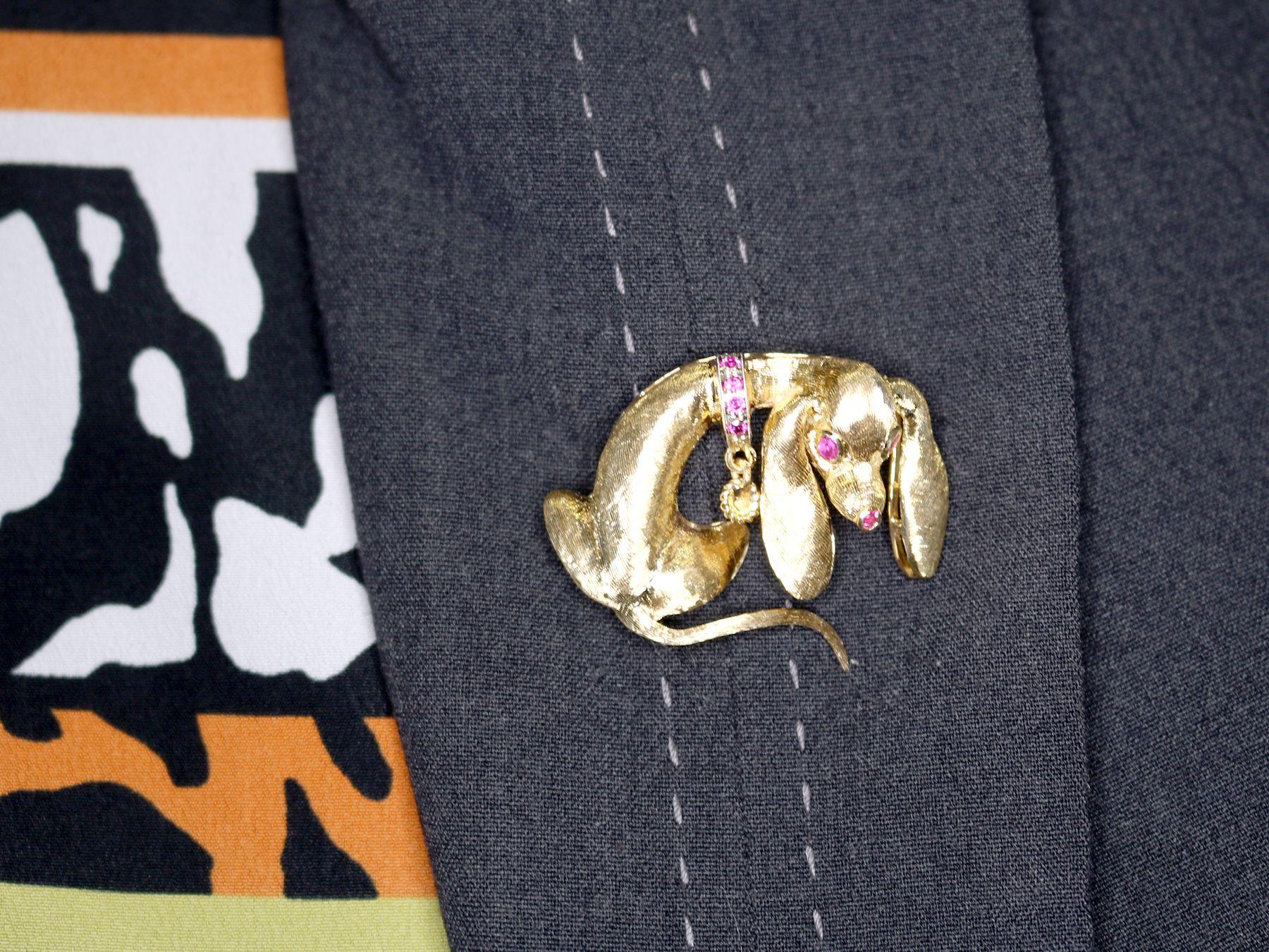 Ruby and Yellow Gold Dachshund Brooch 5