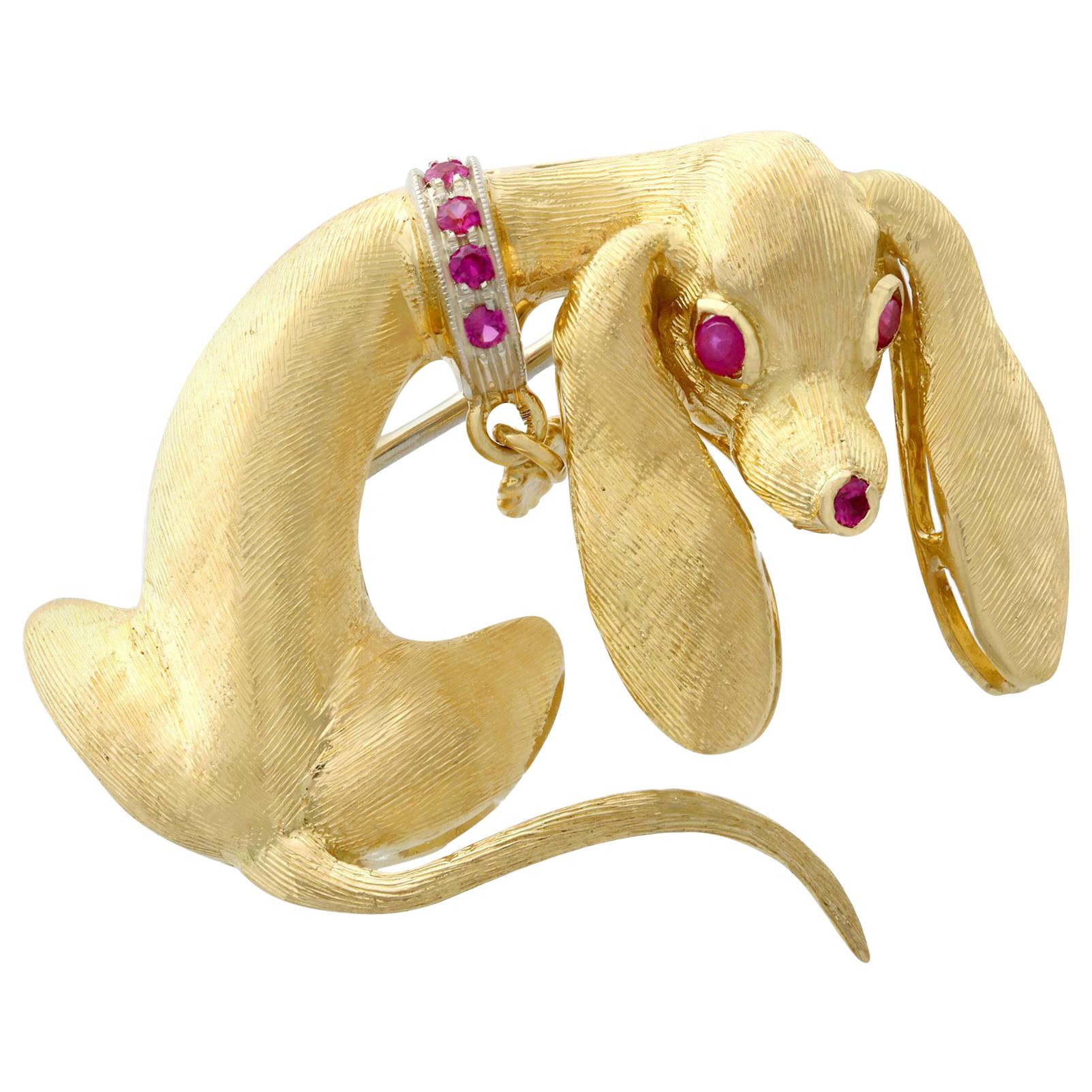 Ruby and Yellow Gold Dachshund Brooch