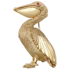 1980s Ruby and Yellow Gold Pelican Brooch