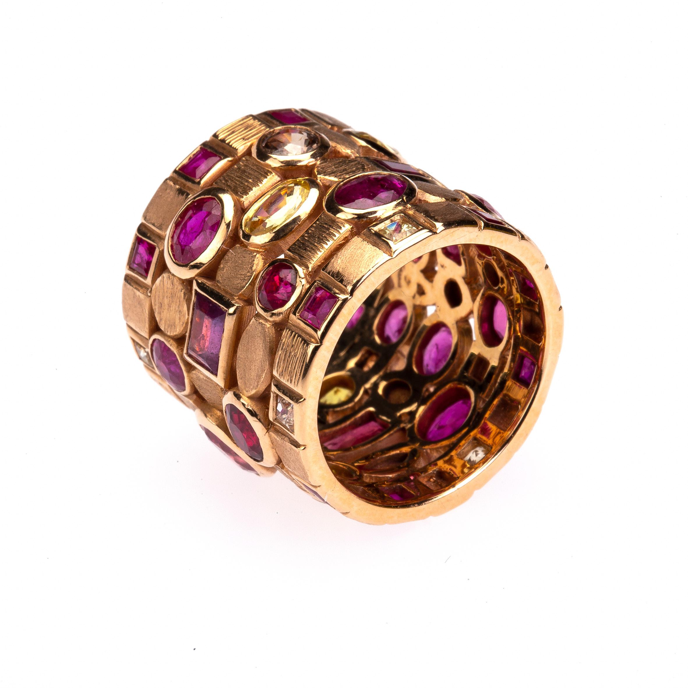 Ruby and Yellow Sapphire 18 Karat Rose Gold Multi-Band Ring 4