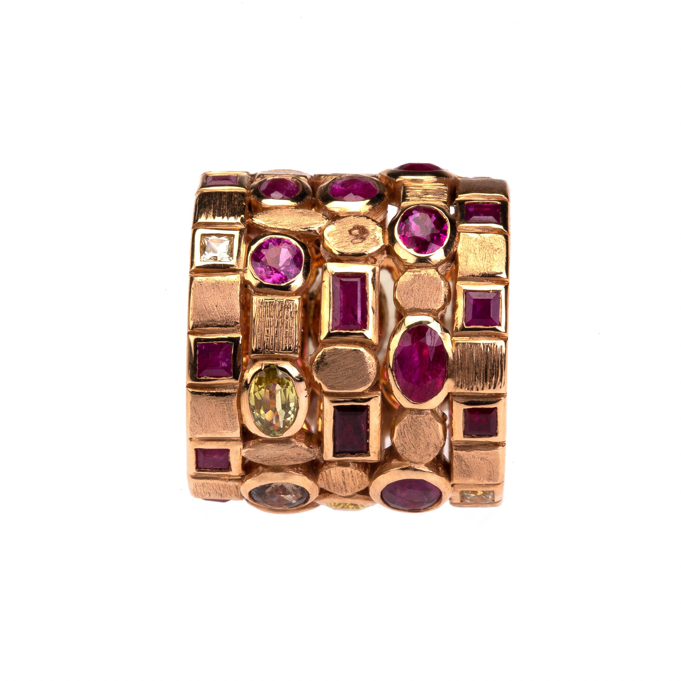 Art Deco Ruby and Yellow Sapphire 18 Karat Rose Gold Multi-Band Ring