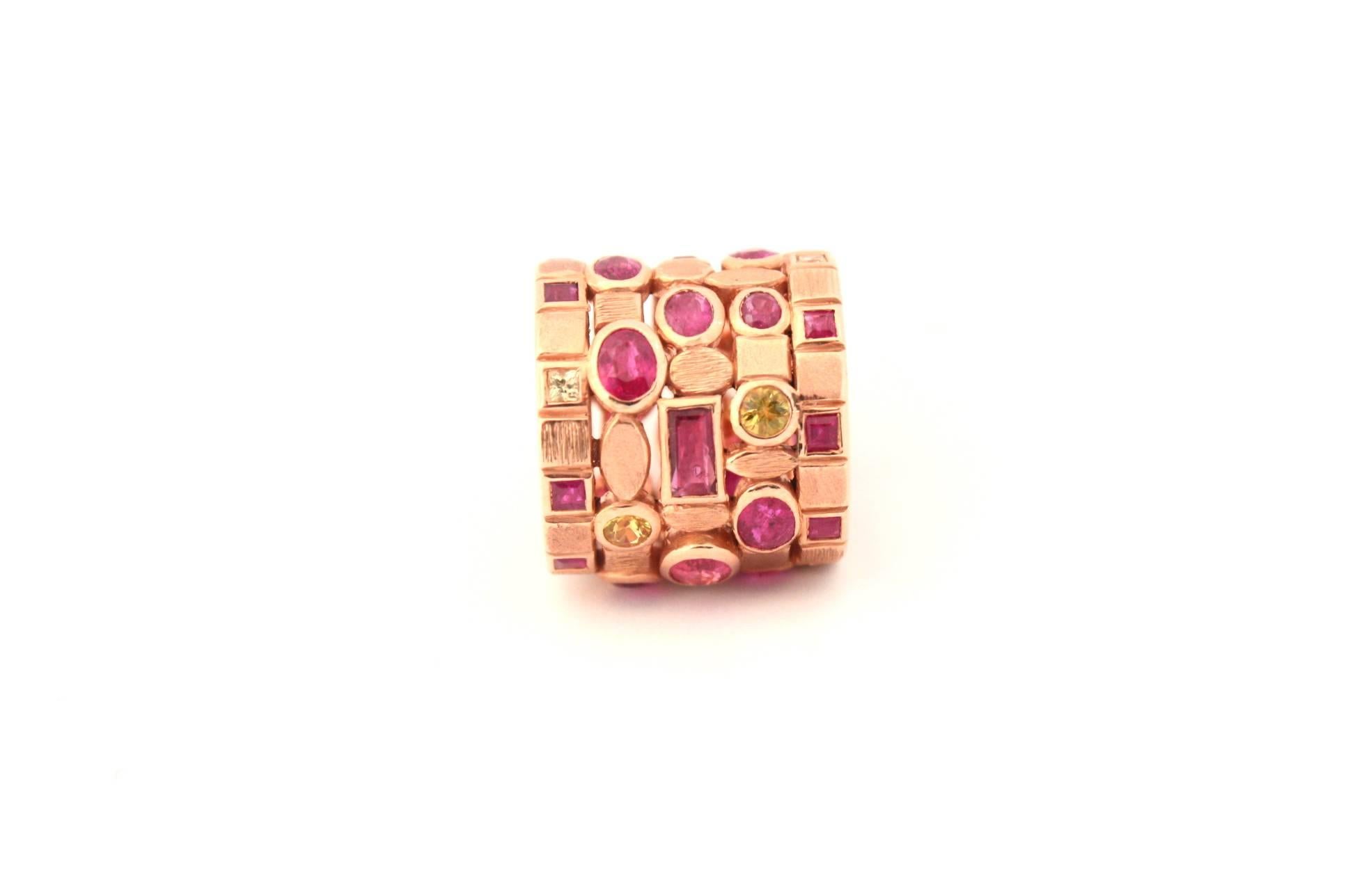 Rose Cut Ruby and Yellow Sapphire 18 Karat Rose Gold Multi-Band Ring