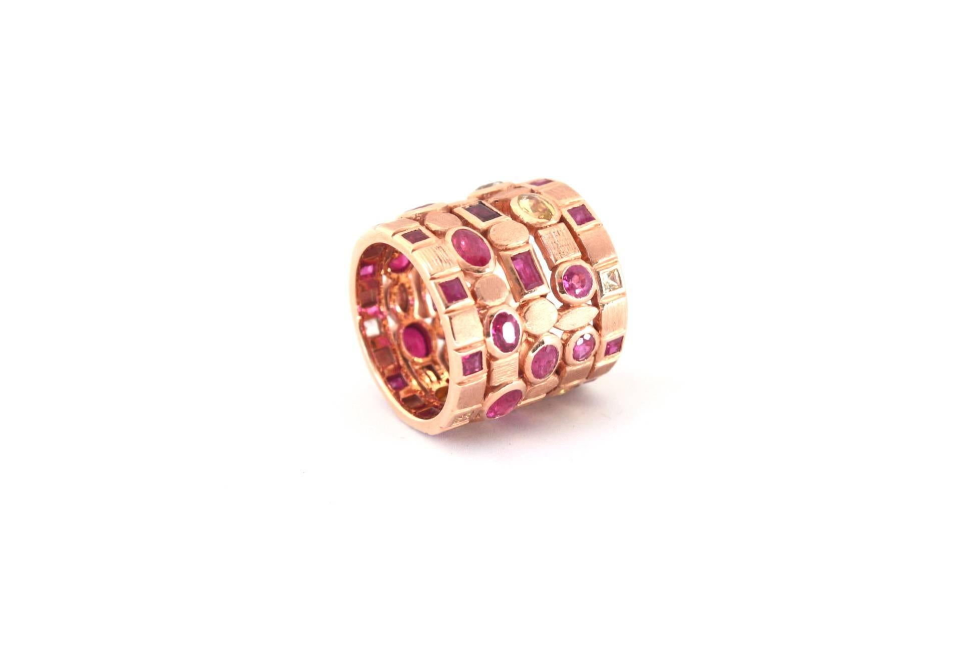 Women's or Men's Ruby and Yellow Sapphire 18 Karat Rose Gold Multi-Band Ring