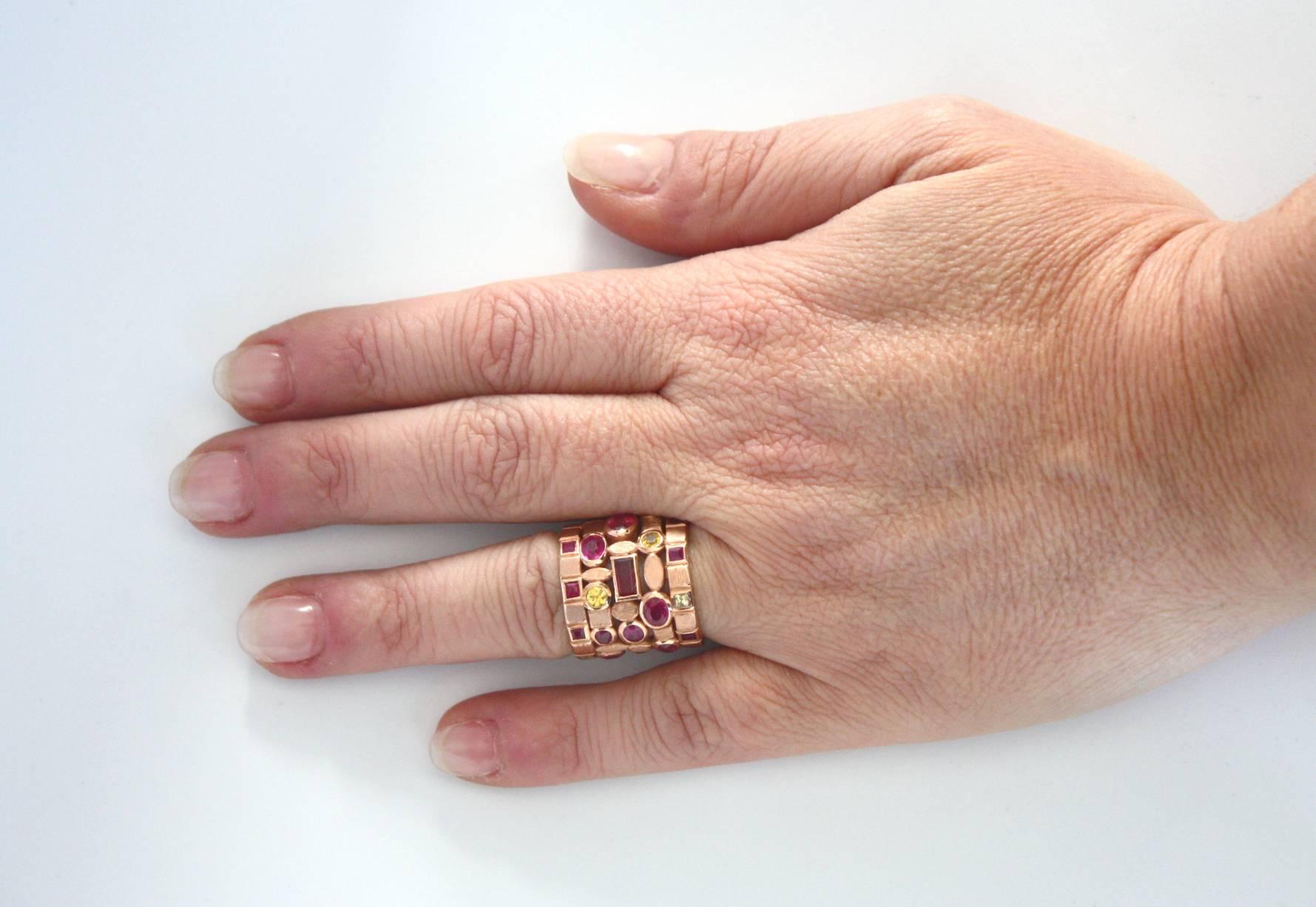 Ruby and Yellow Sapphire 18 Karat Rose Gold Multi-Band Ring 2