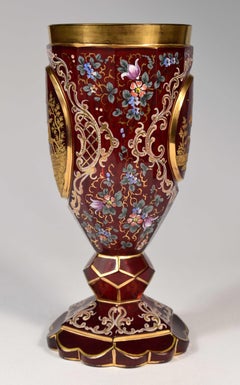 Ruby Antique Glass Goblet, Engraved Cut Hunting Motif of the 19th Century