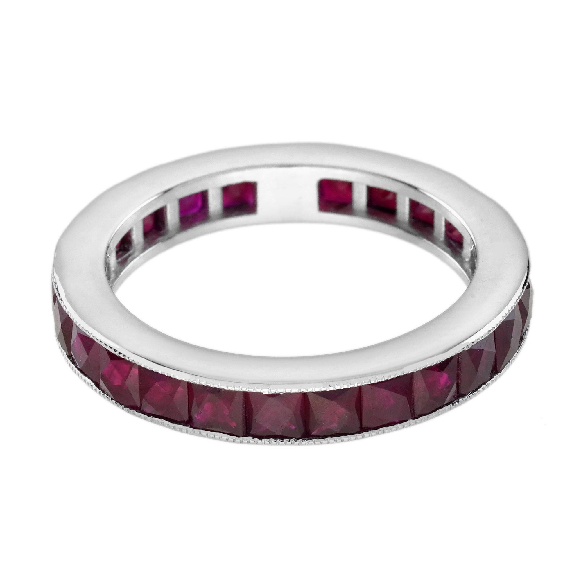 French Cut Ruby Antique style Eternity Band Ring in 18K White Gold