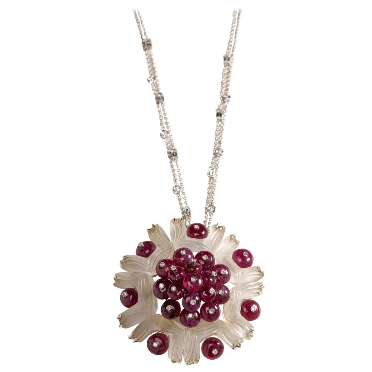 Ruby Apple Pendant in Silver with Diamonds and an 18 Karat Gold Diamond Chain For Sale