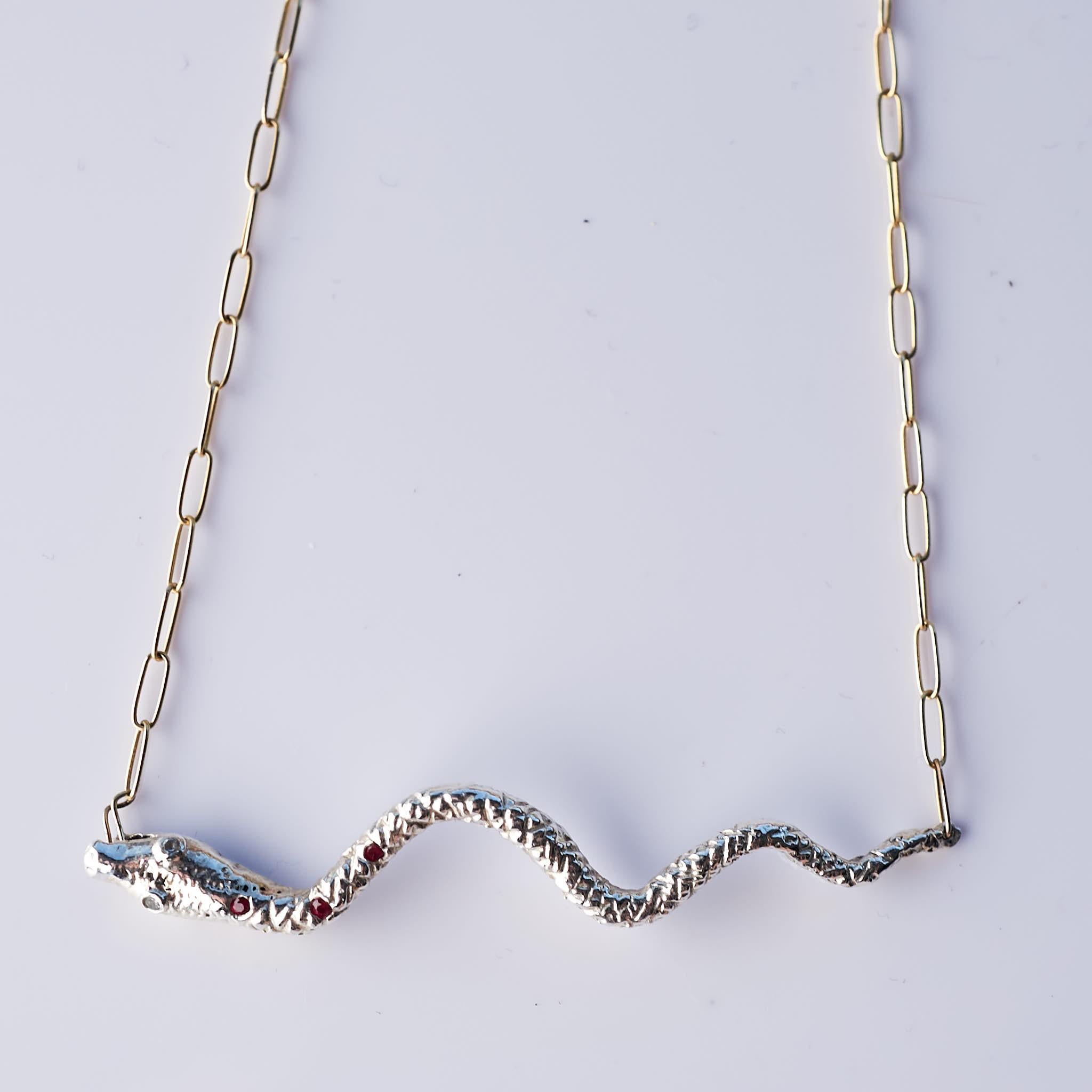 Contemporary Snake Necklace Ruby Aquamarine Choker Chain Silver J Dauphin For Sale