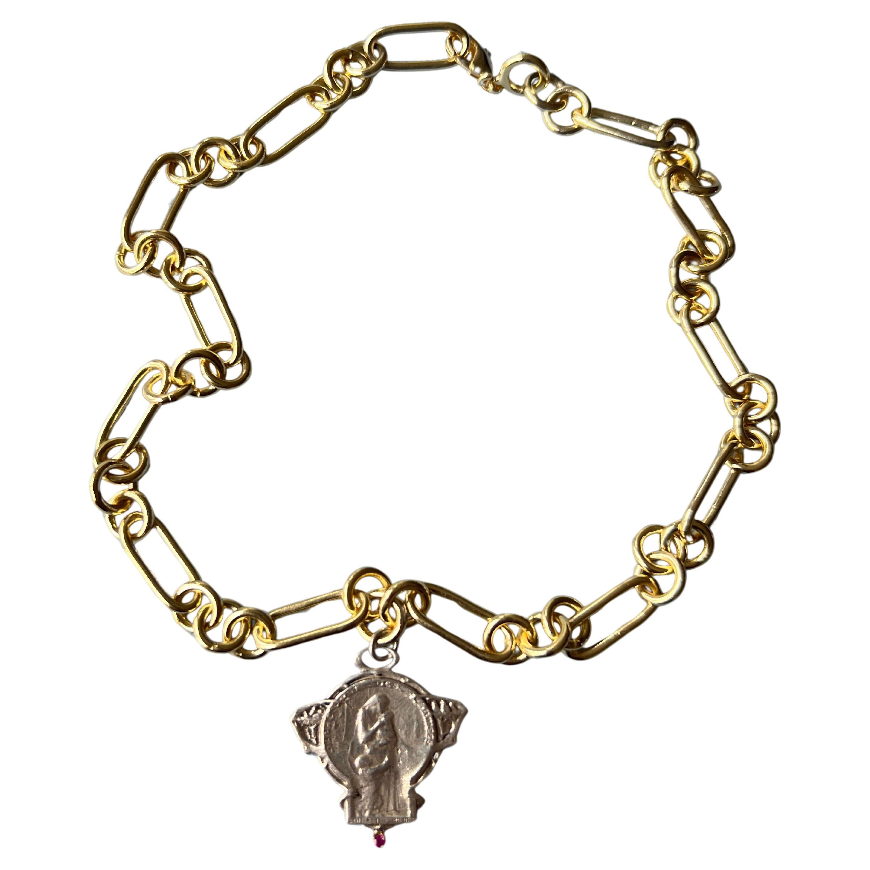 Ruby Art Nouveau Medal Silver Necklace Chunky Chain Choker In New Condition In Los Angeles, CA