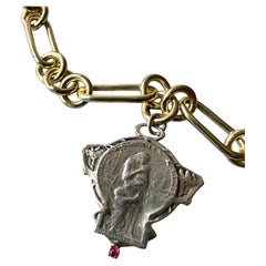 Ruby Art Nouveau Medal Silver Necklace Chunky Chain Choker
