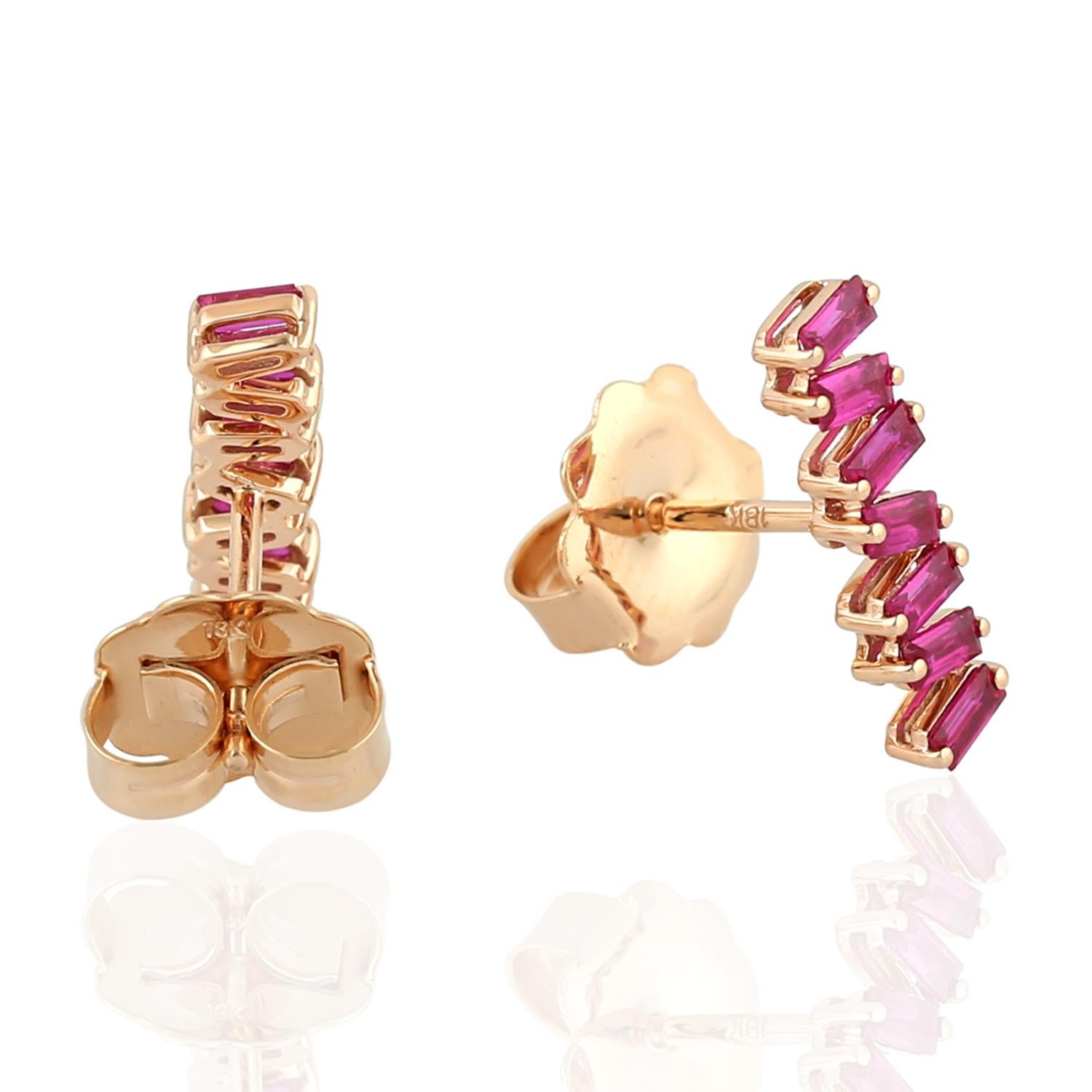 Modern Ruby Baguette 18 Karat Gold Stud Earrings For Sale