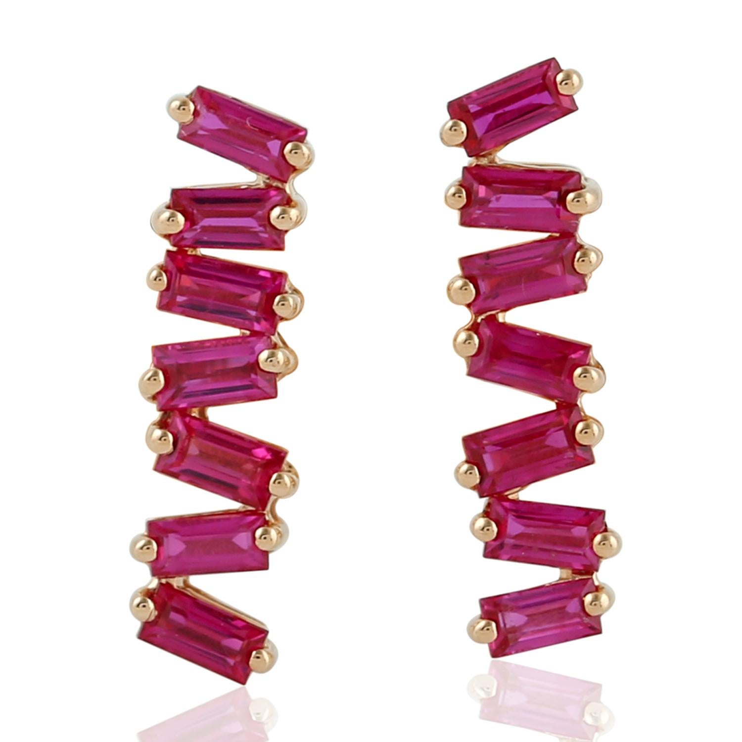 Baguette Cut Ruby Baguette 18 Karat Gold Stud Earrings For Sale