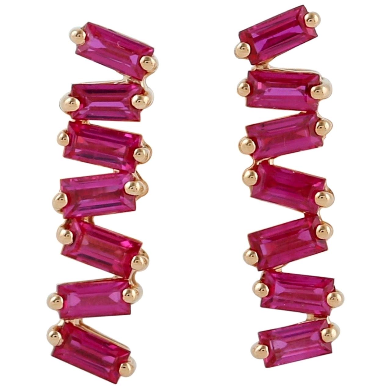 Ruby Baguette 18 Karat Gold Stud Earrings For Sale
