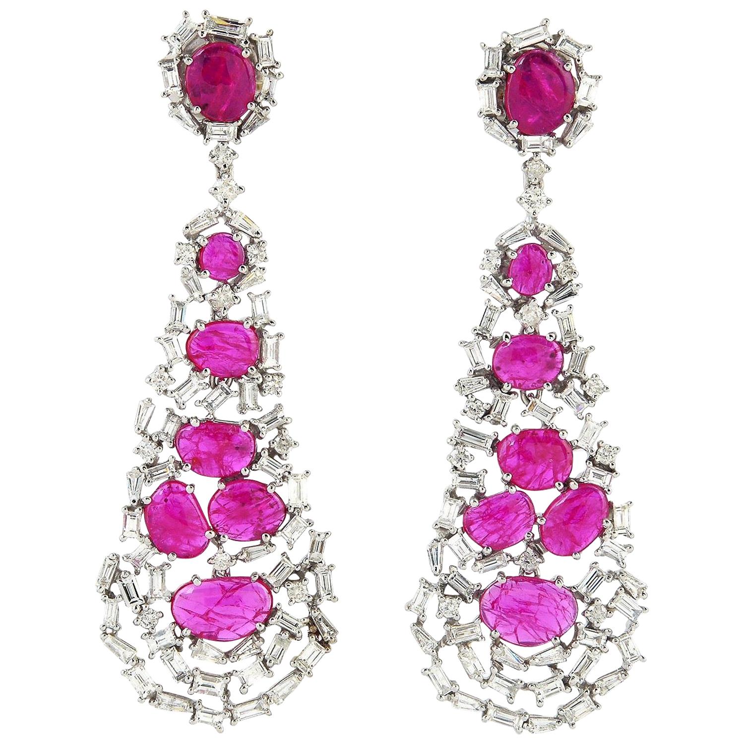 Ruby Baguette Diamond 18 Karat Gold Earrings For Sale