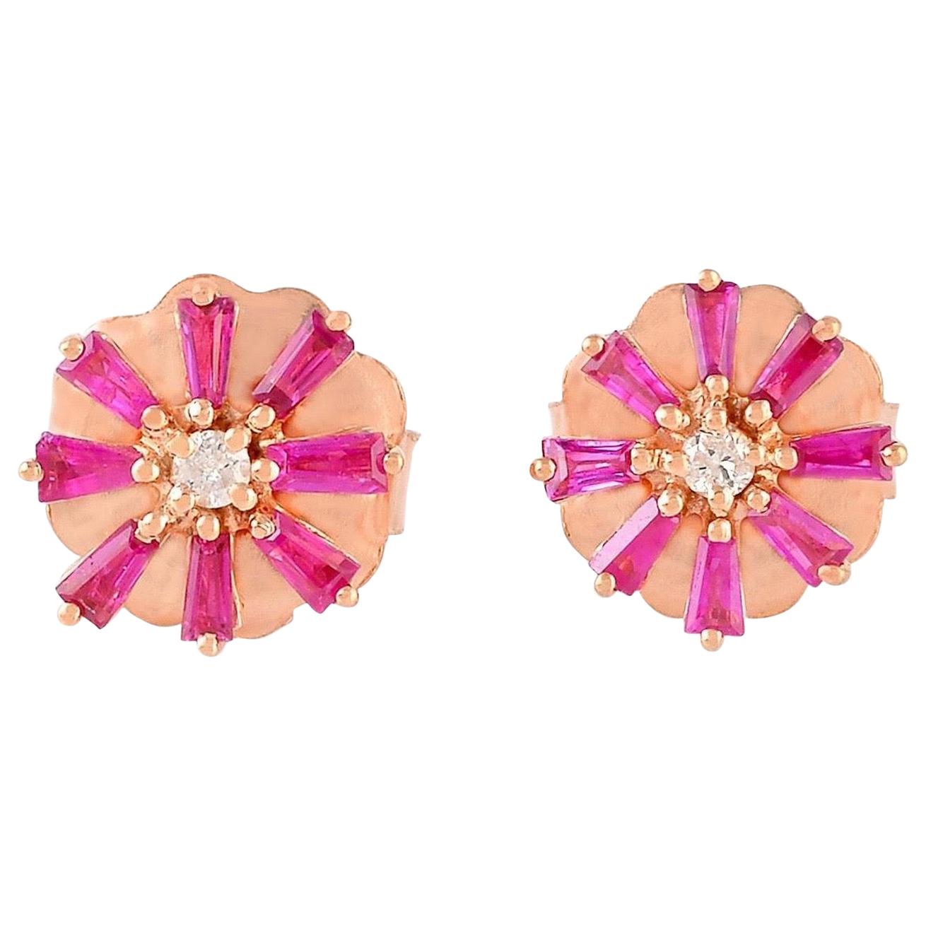 Ruby Baguette Diamond 18 Karat Stud Earrings For Sale