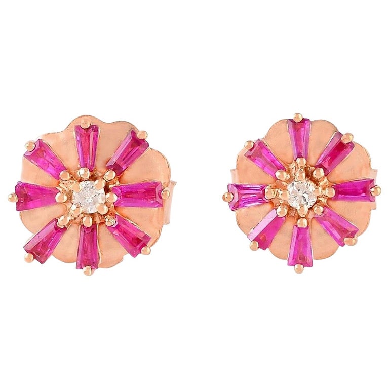 Ruby Baguette Diamond 18 Karat Stud Earrings For Sale at 1stDibs