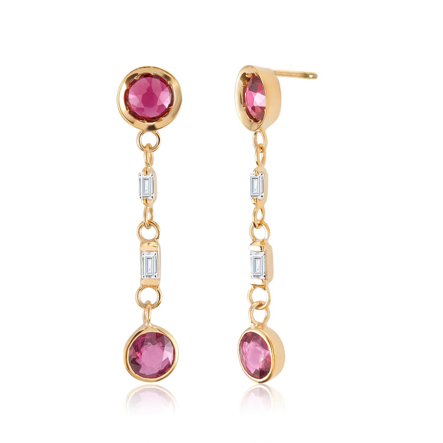 Round Cut Ruby and Baguette Diamond Drop Gold Earrings Weighing 2.30 Carat 